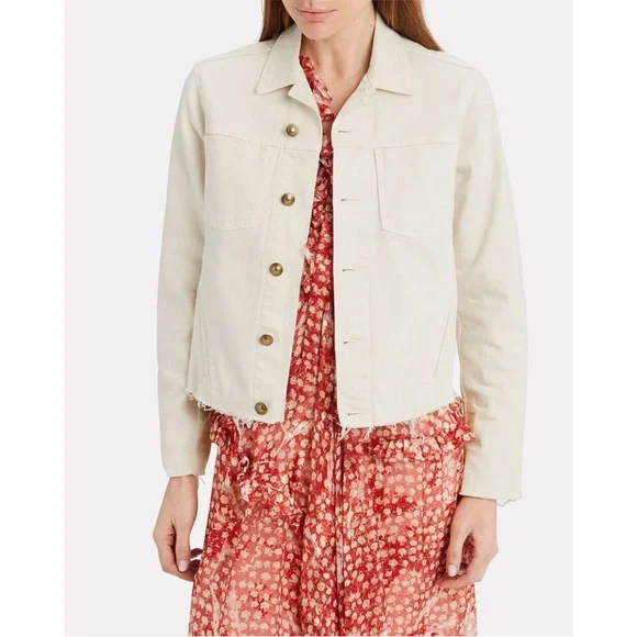 L'AGENCE Janelle Raw Cut Slim Denim Jacket in Vintage White - Picture 2 of 4